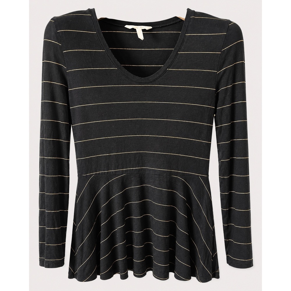 Matilda Jane Womens Small Black Gold Metallic Striped Peplum V-Neck Top Knit LS